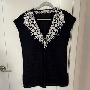 Tory Burch Navy Blue Top with White Floral Embroidery